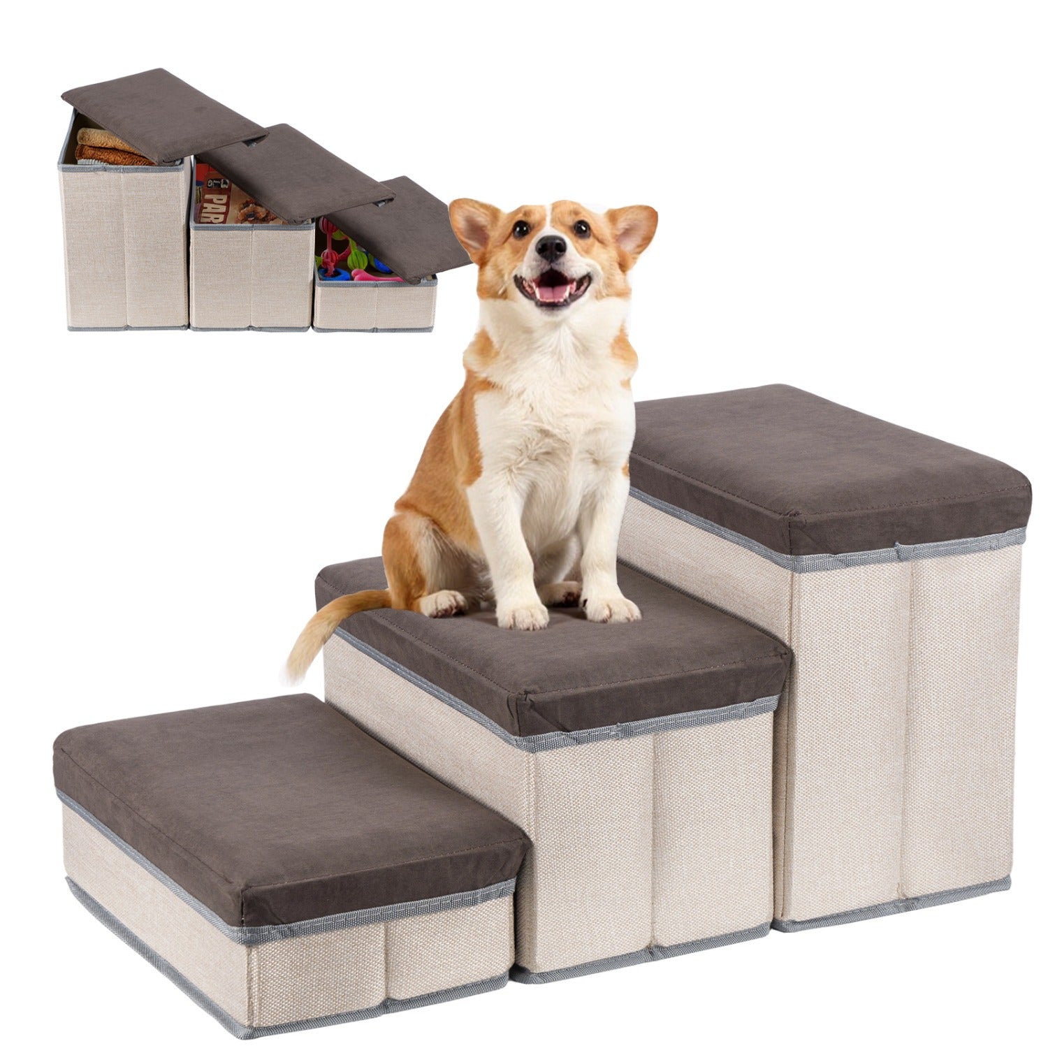 Dog Stair with Foldable, 3, Foldable Stairs Tier Storage Compartments - Grey, 3 option
