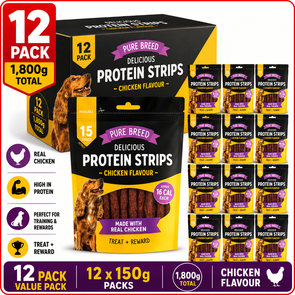 Dog Treat with 1.8kg, 150g, 12 Pack, 12pk, Chicken Treats Protein Strips 1.8kg High - 12pk option