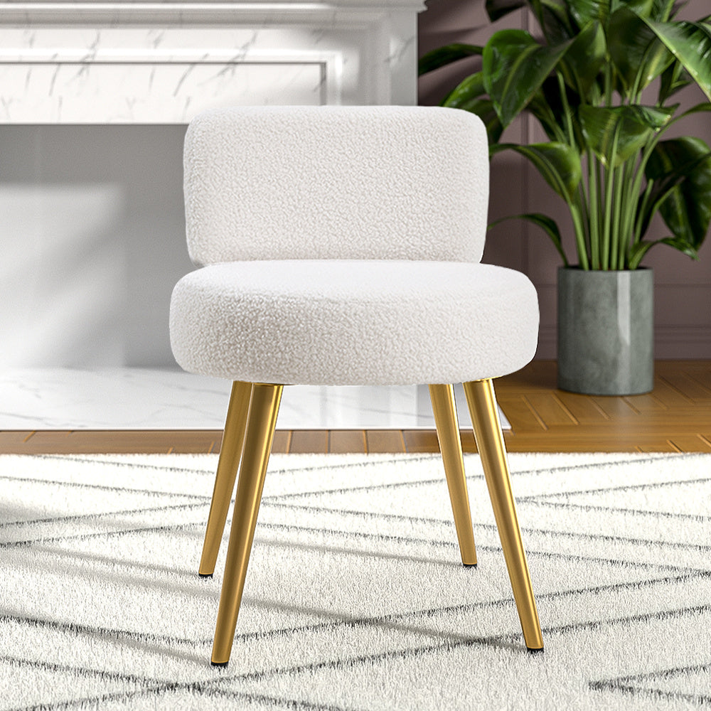 Dressing Table Stool with Lumbar Support, 60cm, Teddy Plush Upholstery Gold Legs Cream - product gallery image 4