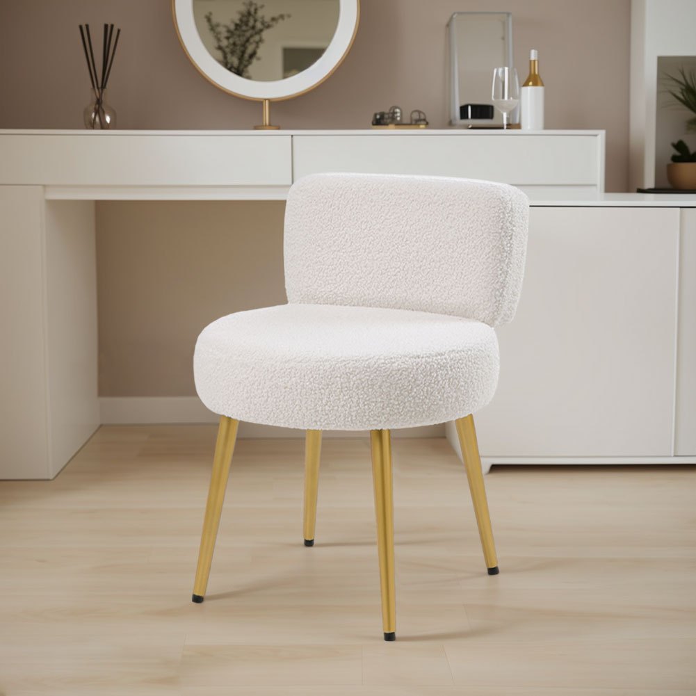 Dressing Table Stool with Lumbar Support, 60cm, Teddy Plush Upholstery Gold Legs Cream - product gallery image 8