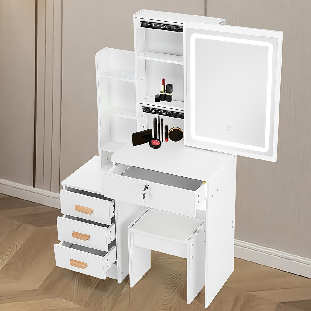 Dressing Table with Easy Assembly, Wood, LED Lights Mirror Cushioned Stool Vanity - product gallery image 2
