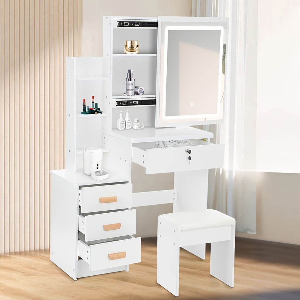 Dressing Table with Easy Assembly, Wood, LED Lights Mirror Cushioned Stool Vanity - product gallery image 4