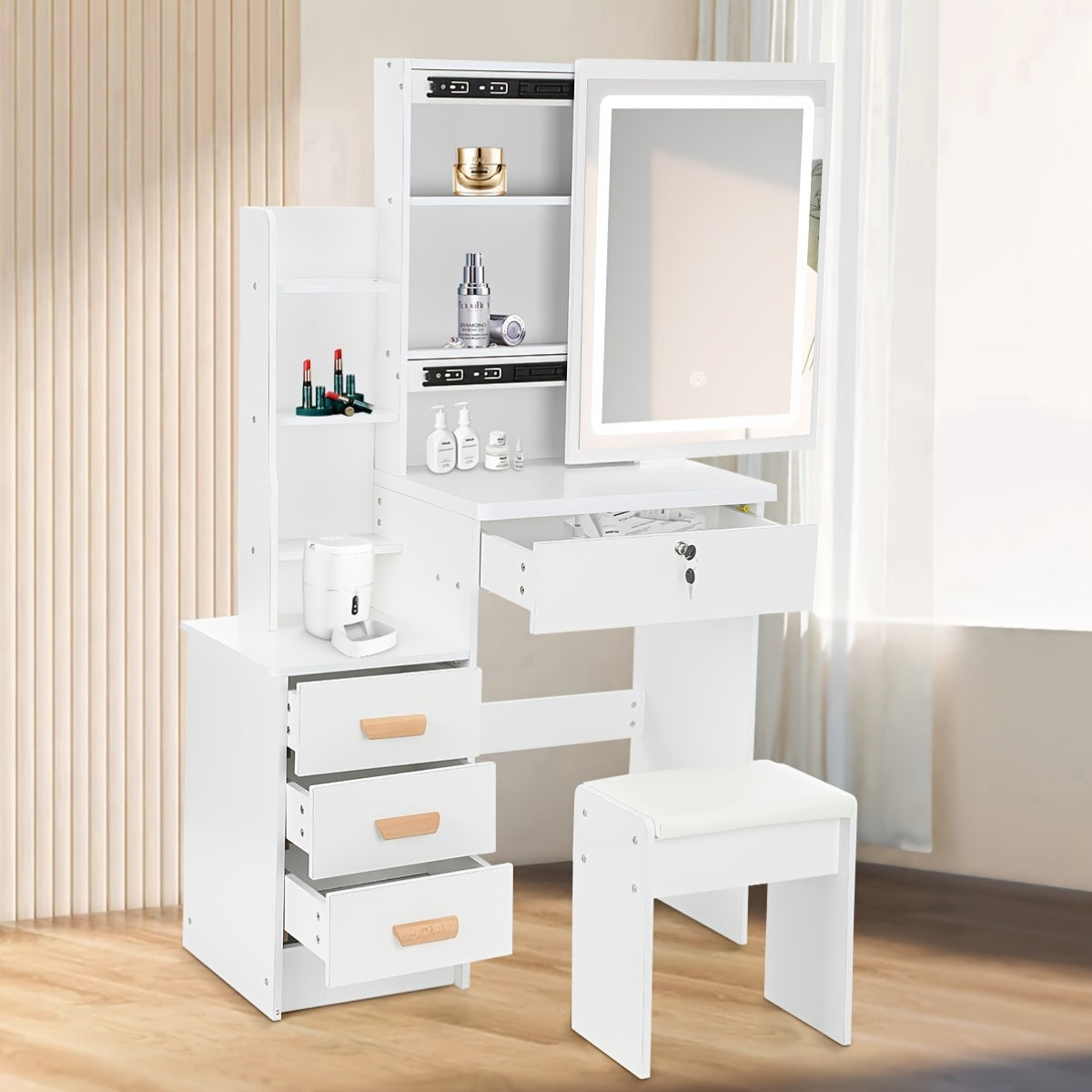 Dressing Table with Easy Assembly, Wood, LED Lights Mirror Cushioned Stool Vanity - product gallery image 4