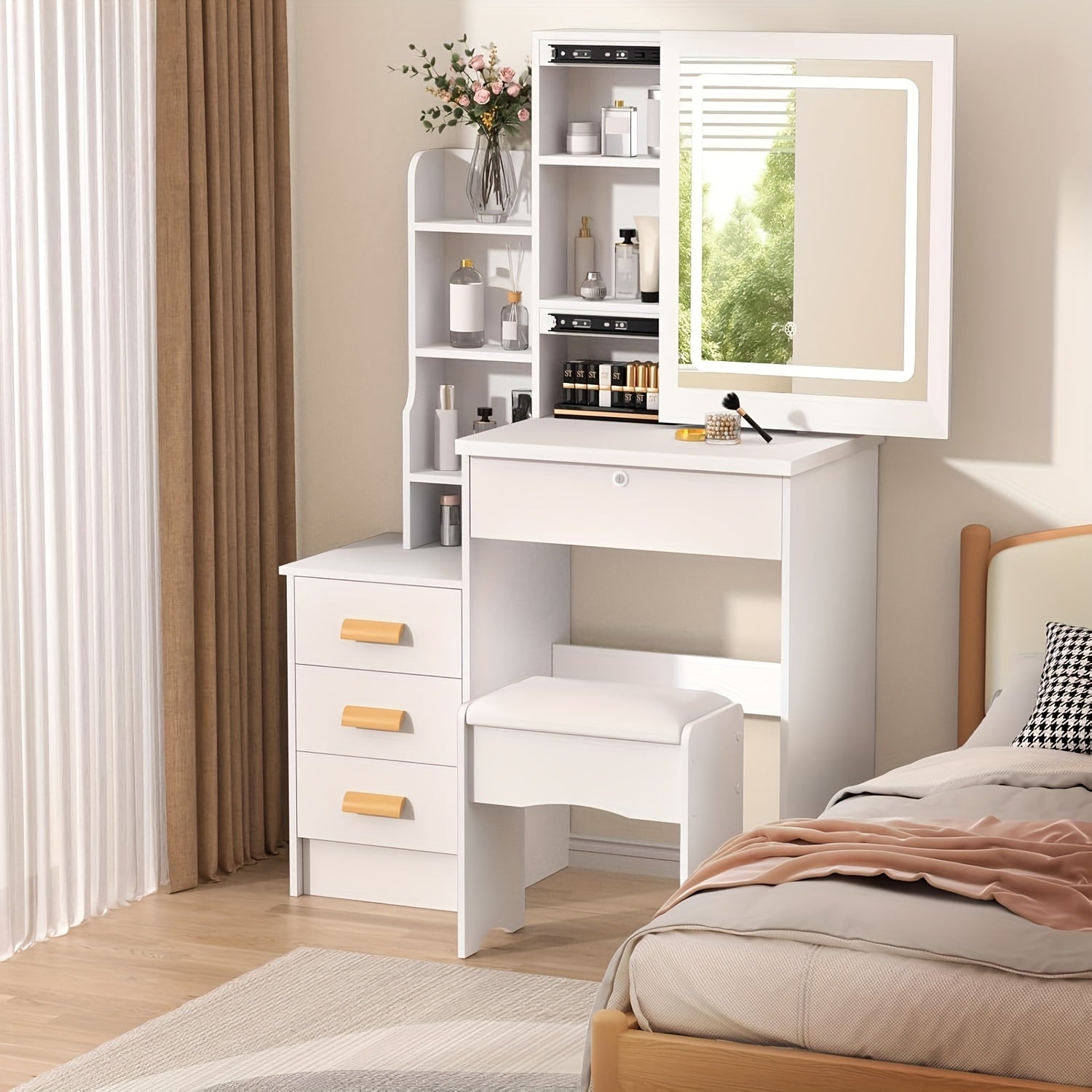 Dressing Table with Easy Assembly, Wood, LED Lights Mirror Cushioned Stool Vanity