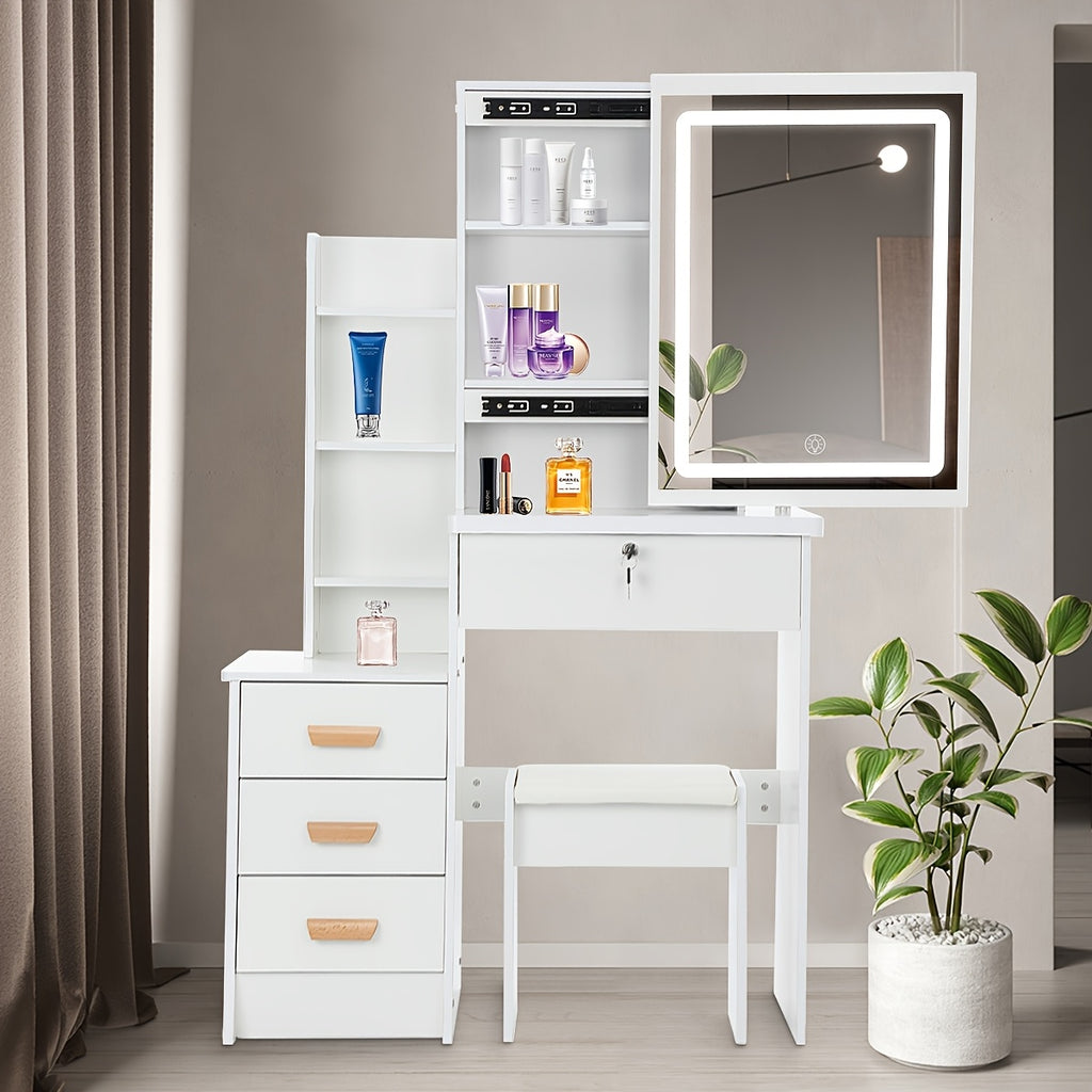 Dressing Table with Easy Assembly, Wood, LED Lights Mirror Cushioned Stool Vanity - White option