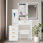 Dressing Table with Easy Assembly, Wood, LED Lights Mirror Cushioned Stool Vanity - White option