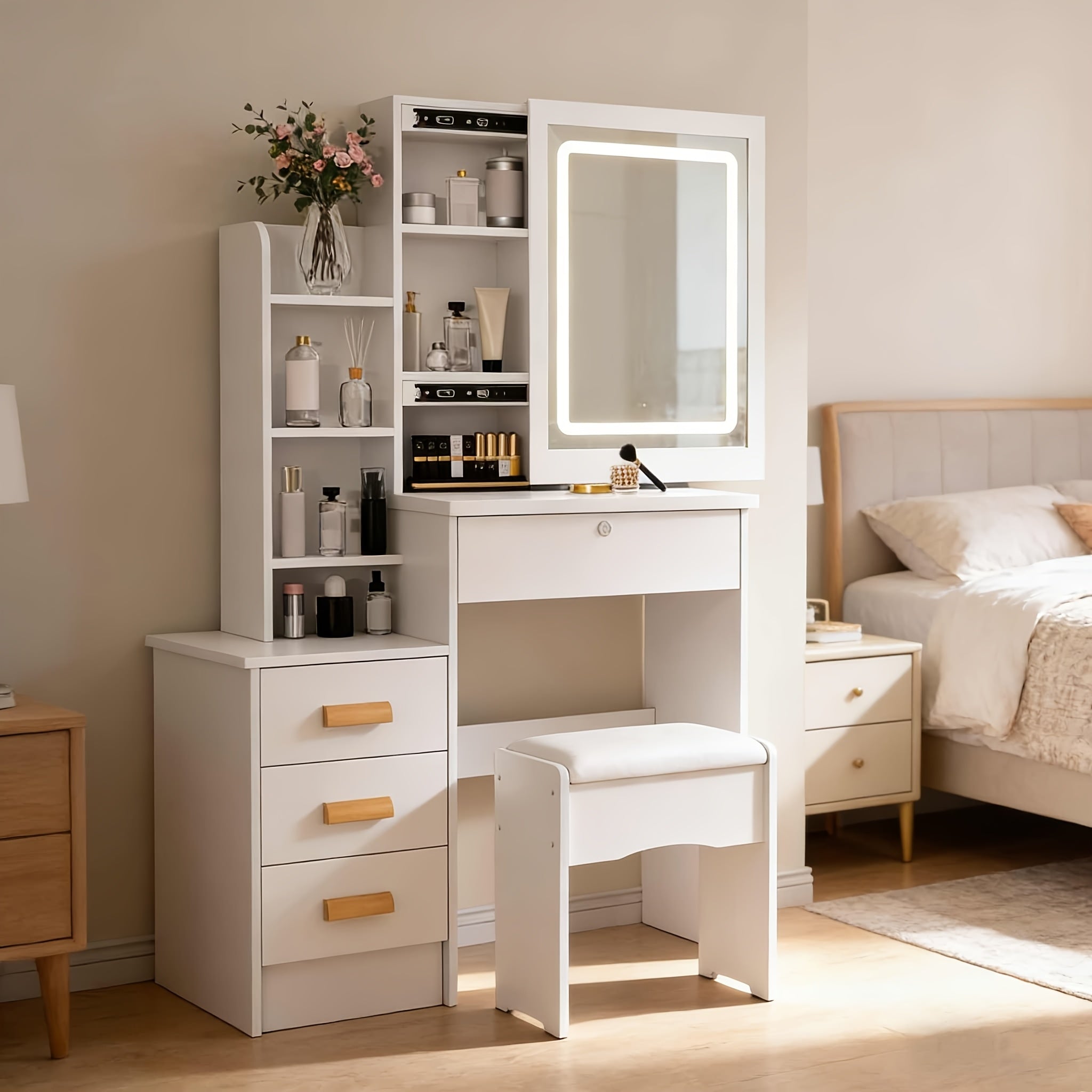 Dressing Table with Non-Slip, LED Lights, Sliding Mirror Stool Drawers - product gallery image 2