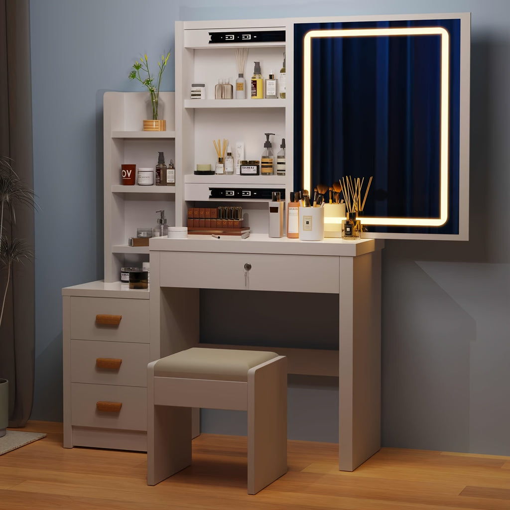 Dressing Table with Non-Slip, LED Lights, Sliding Mirror Stool Drawers - product gallery image 6