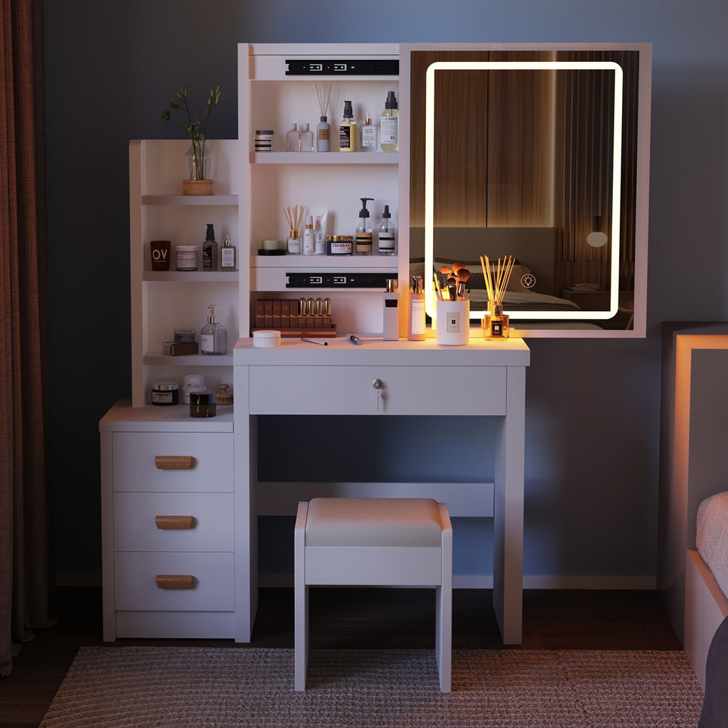 Dressing Table with Non-Slip, LED Lights, Sliding Mirror Stool Drawers