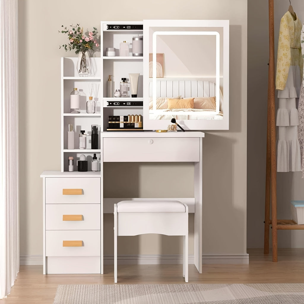 Dressing Table with Non-Slip, LED Lights, Sliding Mirror Stool Drawers - White option