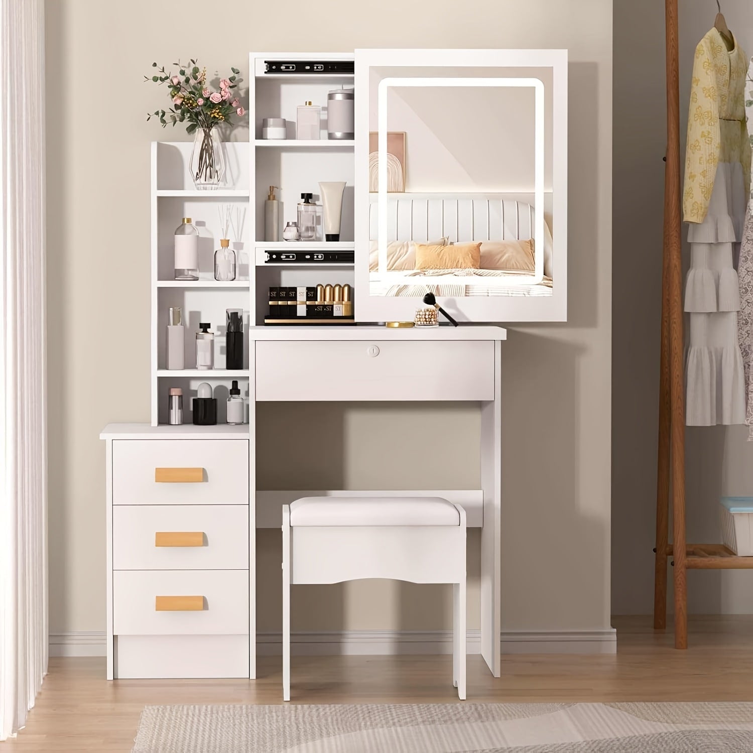 Dressing Table with Non-Slip, LED Lights, Sliding Mirror Stool Drawers - White option