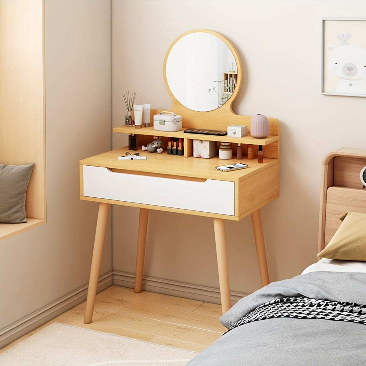 Dressing Table with Space-Saving, Wood Colour Dressing Table