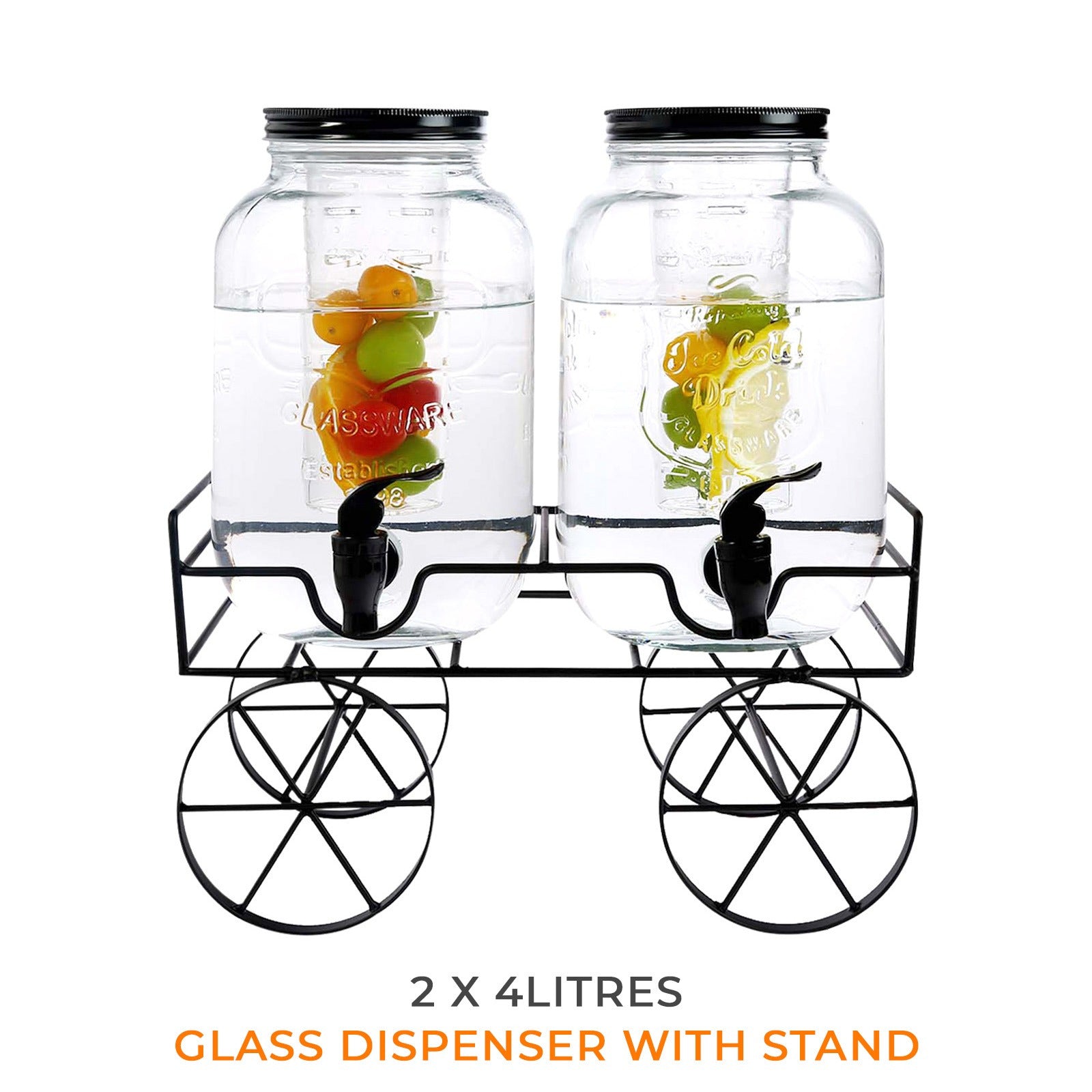 Drinks Dispenser with Leakproof, Dishwasher-Safe, Metal, 2 X 4L Glass Dispenser