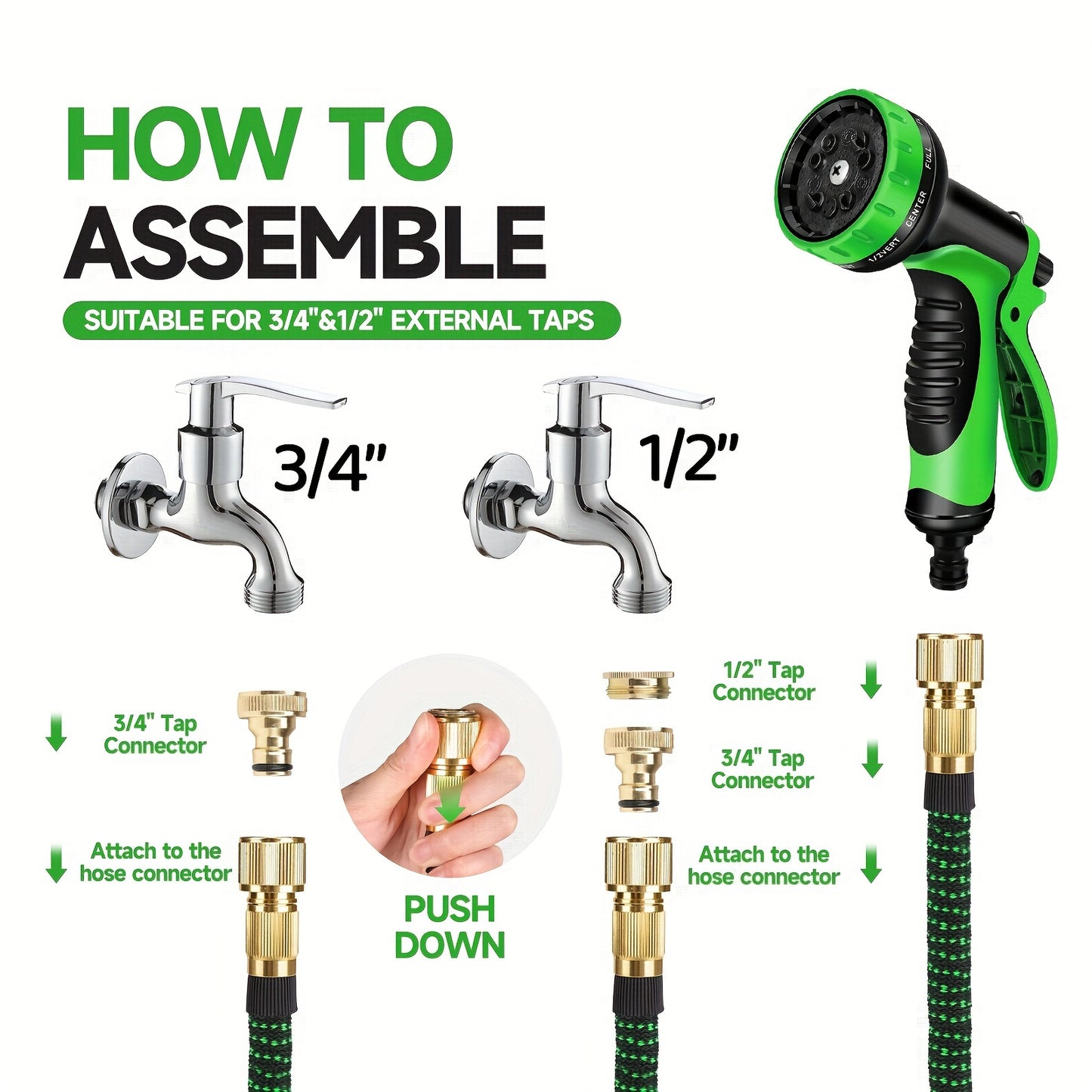 25/50/75/100/150ft Heavy-Duty Garden Hose, Non Expandable, with 1/2" Solid Brass Fittings, Leakproof Design, Durable Rubber Material, US Standard Threads - Perfect for Gardening, Cleaning, Forestry