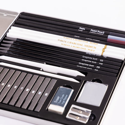 Evelay 28pcs Professional Drawing Pencil Set – Sketching & Art Supplies Kit with Charcoal, Graphite, Pastels, Erasers & Tin Case – Ideal Gift for Beginners & Artists