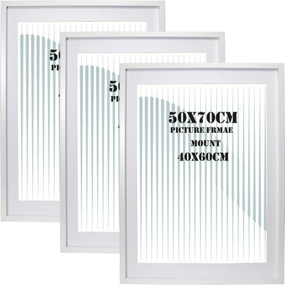 MDF Picture Frames, 50x70cm Set of 3 with Acid-Free Mount for 40x60cm, Available Colors: Black, White, Natural Wood
