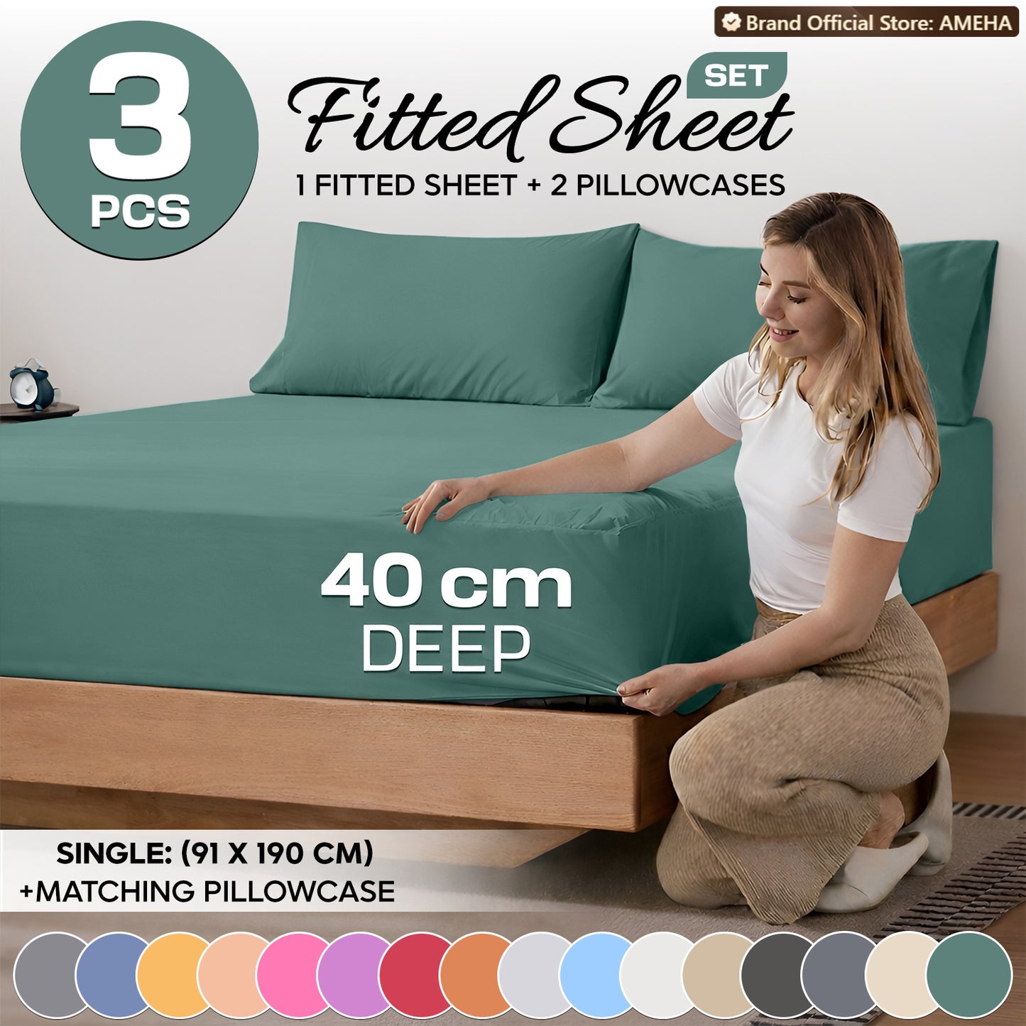 3pcs 40cm Extra Deep Fitted Sheet – Solid Color Soft & Comfortable Bed Sheet with 2pcs Matching Pillowcases, Breathable Fabric Soft Brushed Microfiber Bedding, Machine Washable for Home Bedroom, Hotel