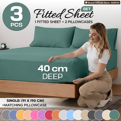 3pcs 40cm Extra Deep Fitted Sheet – Solid Color Soft & Comfortable Bed Sheet with 2pcs Matching Pillowcases, Breathable Fabric Soft Brushed Microfiber Bedding, Machine Washable for Home Bedroom, Hotel
