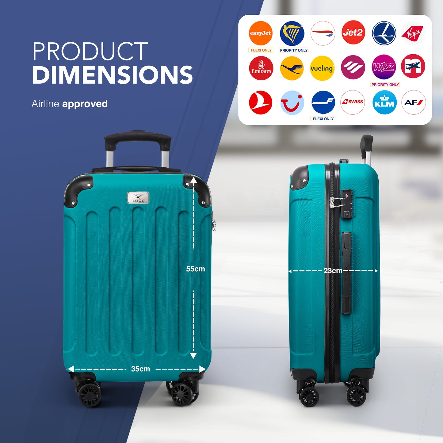 LUGG 55x35x23cm Skywander Lightweight Travel Cabin Bag Carry On Approved Suitcase ABS Shell Protection Water Resistant & Safe Locking System Easyjet Overhead Compliant (20inch)