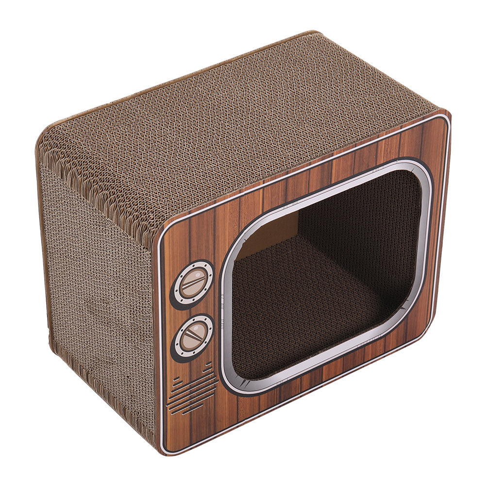 Retro TV Shaped Cat Scratcher Bed - Corrugated Cardboard Cat House with Full Surfaces Scratching | Cozy Hideaway & Play Area | Durable Furniture Protector for Indoor Cats