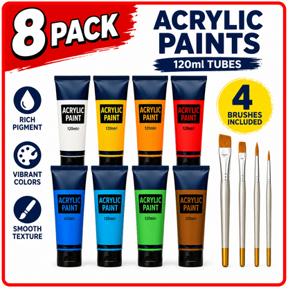 8pk Acrylic Paint Set - 8x 120ml Acrylic Paints Set + 4 Brushes - Acrylic Paints for Professional Art Use, Craft, Ceramic, Canvas Paint - Acrilic Painting Set Craft Paint Acyrillic Paint Acrylic Paint Kit