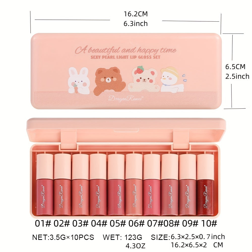 10-Color Set of Pearlescent Lip Gloss with Fine Shimmer, Long-Lasting Waterproof Lipstick That Doesn'T Easily Fade, Smudge-Proof Lip Liquid, And a Mirror-End Lipstick Set