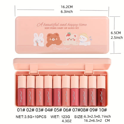 10-Color Set of Pearlescent Lip Gloss with Fine Shimmer, Long-Lasting Waterproof Lipstick That Doesn'T Easily Fade, Smudge-Proof Lip Liquid, And a Mirror-End Lipstick Set
