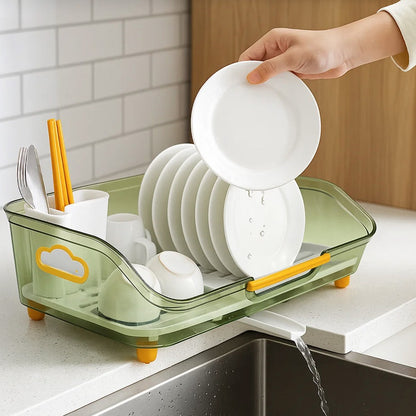 1pc Dish Drying Rack with Handle & Drainboard - Space-Saving Compact Design with Utensil Holder, Durable Plastic Construction, Easy to Clean & Move - Over Sink or Countertop Use for Small Kitchens, Apartments, RVs - Modern White & Golden Kitchen Organizer