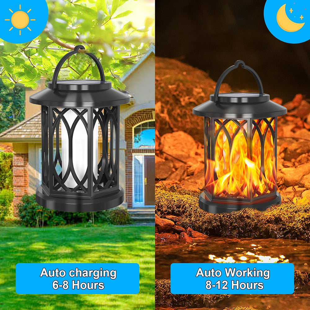 2pcs Hanging Solar Lanterns with Realistic Flickering Flame LED, Solar Lights Outdoor Garden, Waterproof Flame Effect Garden Ornaments for Pathway Patio Decoration