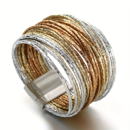 1pc Slim Stripes Wide Multilayer Wrap Bracelet Metallic Shiny Glitter Artificial Leather Cuff with Magnetic Clasp Jewelry for Men Women Holiday Party Birthday Gifts