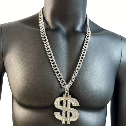Large and Heavy US Dollar Symbol Pendant,  18K Gold Plated Alloy 18K Gold Plated-plated Cuban Chain Necklace with 12mm Full, Men's Hip-hop Style Ring Combination