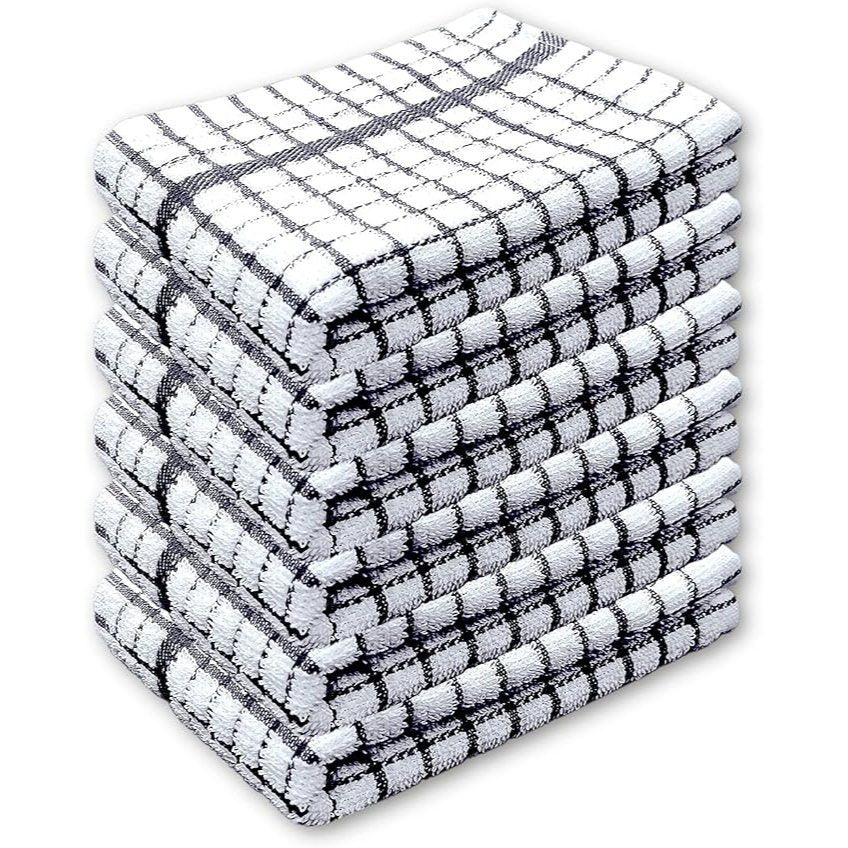 Pack of 6 Large Tea Towels 40x60cm – 100% Cotton Luxury Check Soft Kitchen Towels – Highly Absorbent Dish Cloths – Durable Washable Tea Towels for Drying Dishes, Cleaning, Cooking, Household, Restaurant, Bar, Café, Catering, Commercial & Professional Kitc
