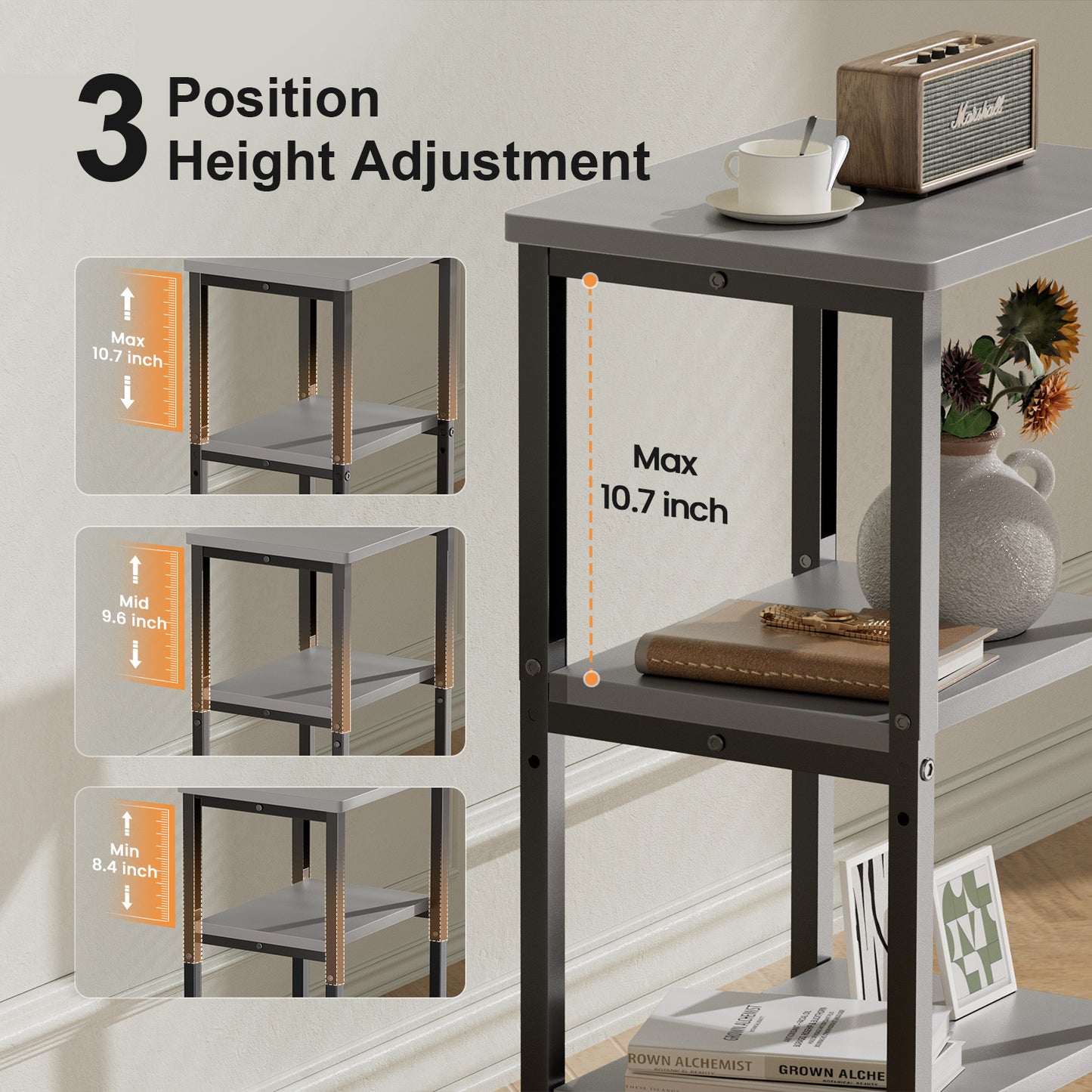 Bookshelf, Sofa Side Table Living Room, Industrial End Table With 3-Tier Storage Shelves, Bedside Tables With Height Adjustable, Steel Frame, Nightstand 37 x 30 x 59.4/62.4/65.4 cm, 4 Colors