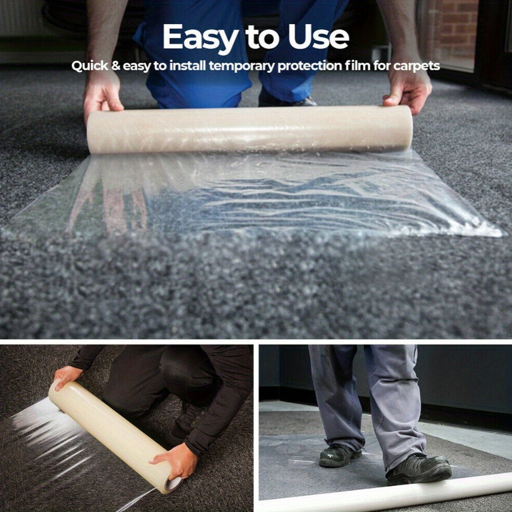 Clear Self-Adhesive Carpet Protector Film Roll 60cm x 100m PE Scratch Dust Resistant Easy Apply Remove for Carpet Stairs Corridors Hallways