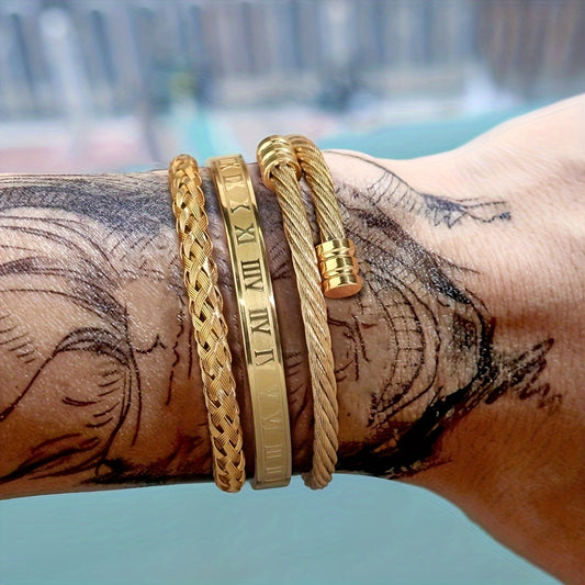3pcs of Retro Classic Fashion 304 304 Stainless Steel Open Roman Pattern, Woven Bangle bangle bracelet Set Is Suitable for Daily Wear, Holiday Boyfriend