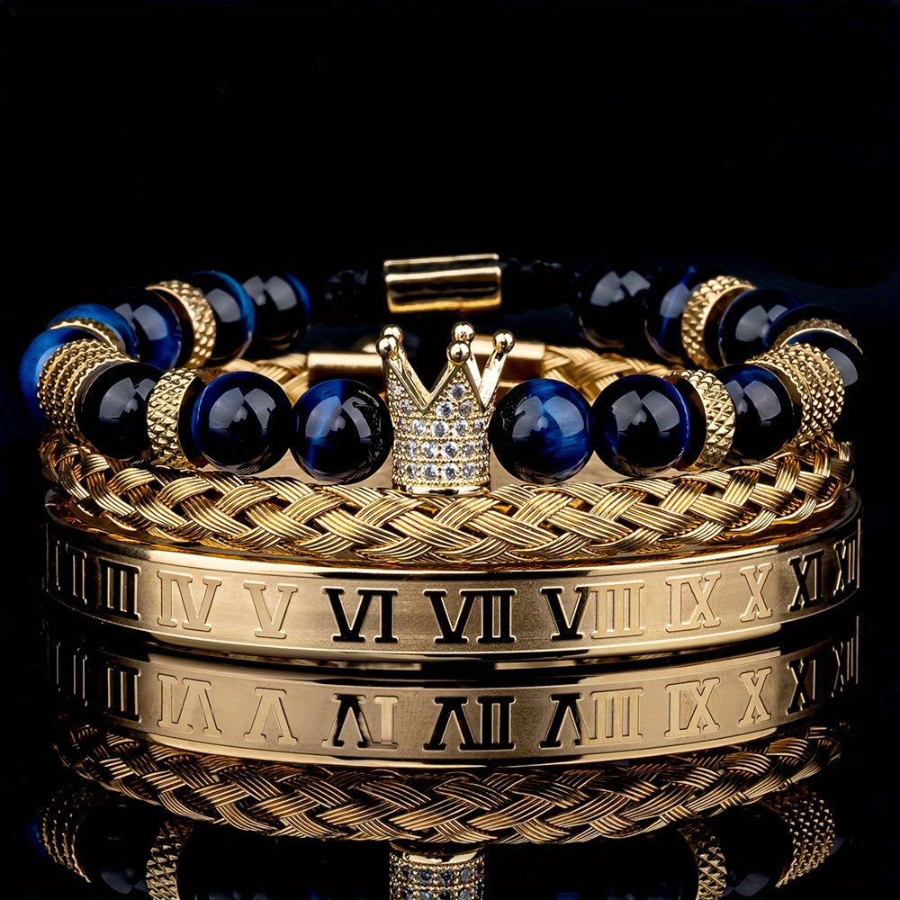 Men's Adjustable Bracelet - Casual Style, Stainless Steel with Gun Black Plating & Synthetic Zirconia - All Season Wear | Roman Crown Charm Design | Ideal for Daily Wear & Gifting