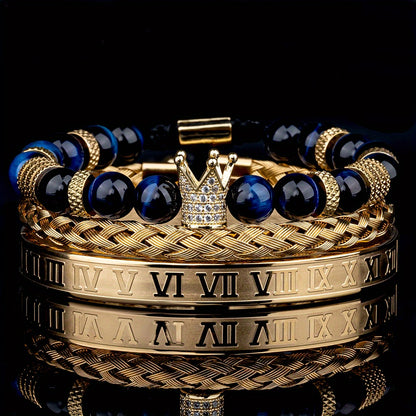 Men's Adjustable Bracelet - Casual Style, Stainless Steel with Gun Black Plating & Synthetic Zirconia - All Season Wear | Roman Crown Charm Design | Ideal for Daily Wear & Gifting