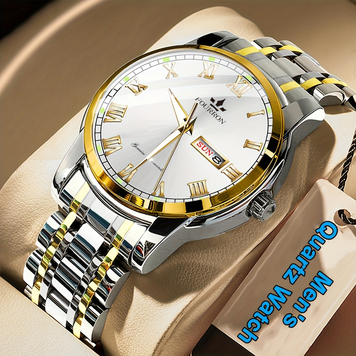 1pc FOURRON Brand New Trendy Fashion Men'S Quartz Watch Stainless Steel Strap with Day Date, Roman Numeral Disc Multi-Function Luminous Luxury Men'S Wristwatches, Friends And Relatives Birthday Gifts, Holiday Party Gifts Preferred Choice