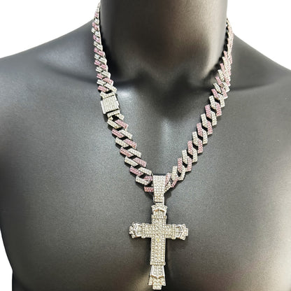 Hip-Hop Plus Size Large Pendant Full Rhinestones Double Layer Thickened Cross Hollow Buckle 14mm Wide Cuban Chain Necklace New Product Creative