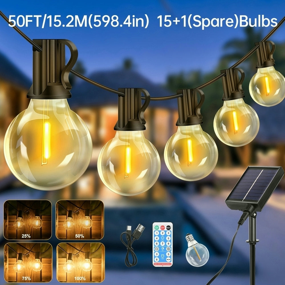 15.25m/20.13m/30.49m G40 Solar Light String, Ip44 Waterproof Outdoor Solar Light Chain/Crystal Fairy Light, With Remote Control And Adjustable Brightness, Ideal For Decorative Lighting In Gardens, Terraces, Balconies, Barbecues, Parties, And Corridors