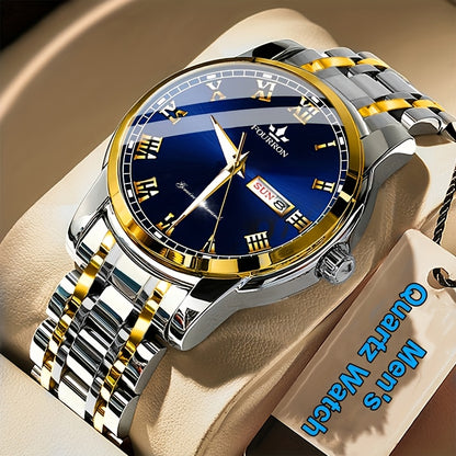 1pc FOURRON Brand New Trendy Fashion Men'S Quartz Watch Stainless Steel Strap with Day Date, Roman Numeral Disc Multi-Function Luminous Luxury Men'S Wristwatches, Friends And Relatives Birthday Gifts, Holiday Party Gifts Preferred Choice
