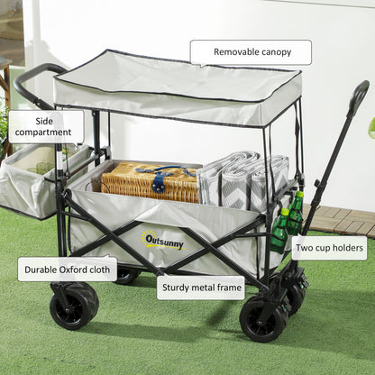 Folding Trolley Cart Storage Wagon Beach Trailer 4 Wheels with Handle Overhead Canopy Cart Push Pull For Shopping Camping, Spacious Design With Side Outer Pocket, Telescopic Pull Handle, Cup Holder, Steel Frame With 360° Rotating Wheels