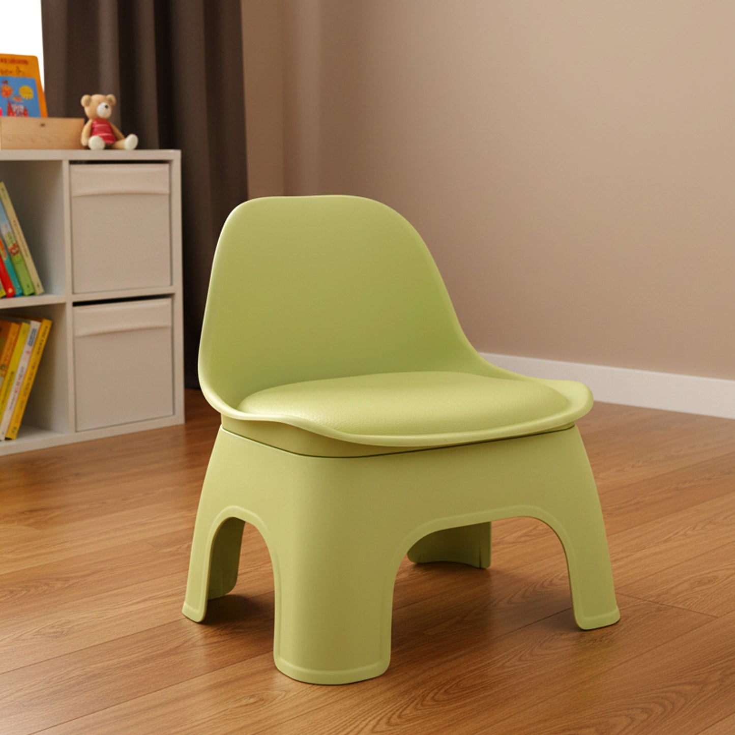 Thickened Plastic Round Stool with Backrest, Portable Low Stool, Modern Minimalist Design, Space-Saving, Suitable for Small Apartments And Balconies, Usable Indoors And Outdoors, Available in Gray, Green, And Orange