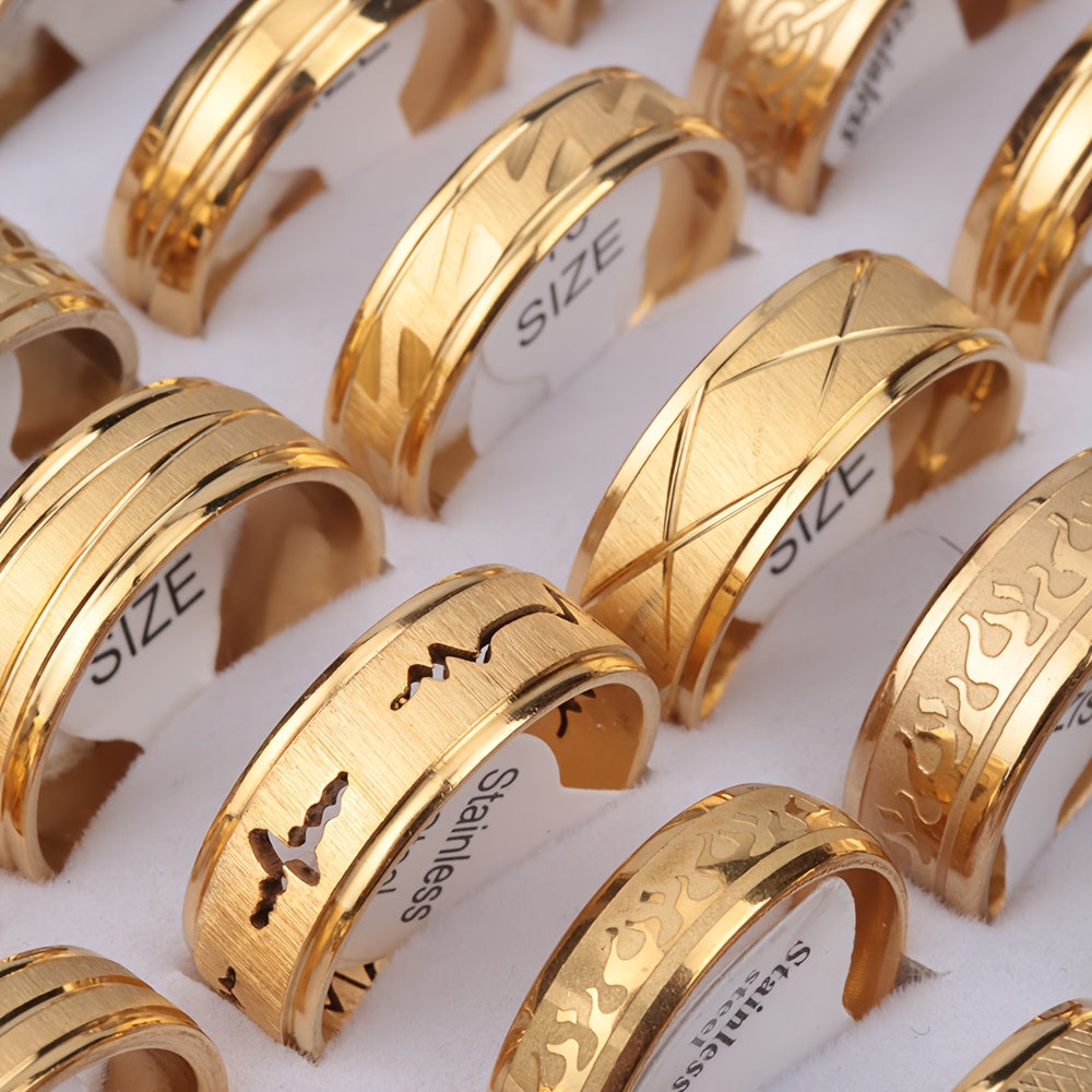 Over 20 Styles of Waterproof Stainless Steel Rings with Real Golden Plating And Intricate Hollowed-Out Striped Engravings