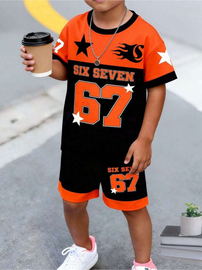 2pcs/Set Boys' Casual Stylish Creative Graphic Number 67 Cartoon Print Short Sleeve T-Shirt And Shorts Set, Comfortable Daily Wear for Spring, Summer & Autumn, for Outdoor