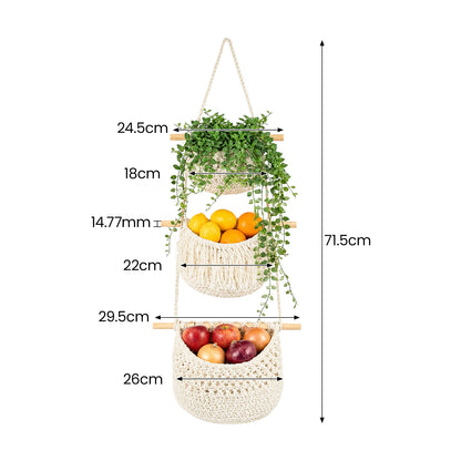 Boho Chic 3-Tier Wall Hanging Storage Basket - Handwoven Rope Organizer for Fruits, Vegetables & More - Easy Install, Versatile Home Decor, Storage Basket