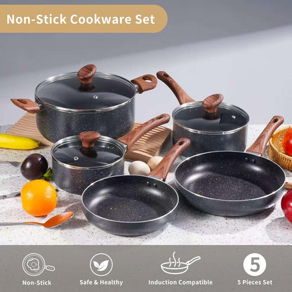 Marble Grey 8pcs Non Stick Cookware Set Cooking Pot Frying Pan Saucepan With Lids
