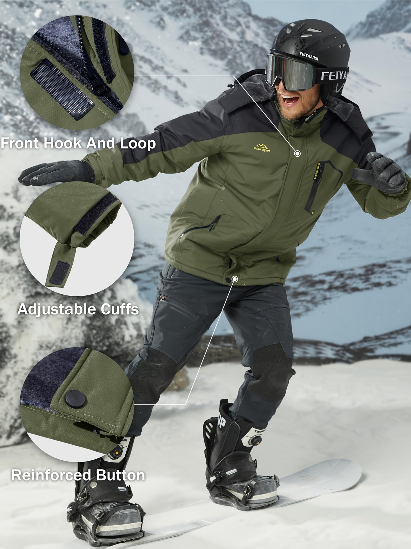 Men'S Ski Jacket Winter Warm Fleece Lined Coats Outdoor Snowboard Thermal Hiking Parka Chest Pockets Hooded Jogging Camping Fishing Climbing Casual Windbreaker