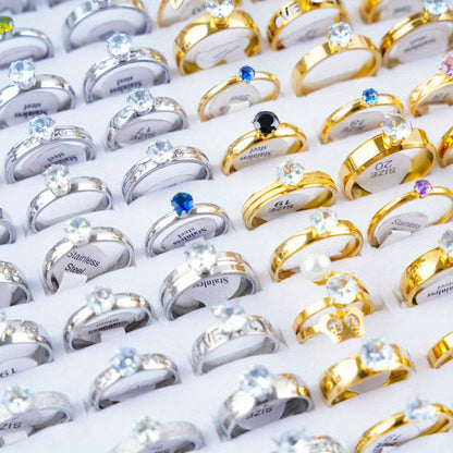 20 Fashionable Classic Rhinestone Stainless Steel Rings for Women and Men, Simple Shiny Colorful Finger Jewelry, Wedding Party Gift