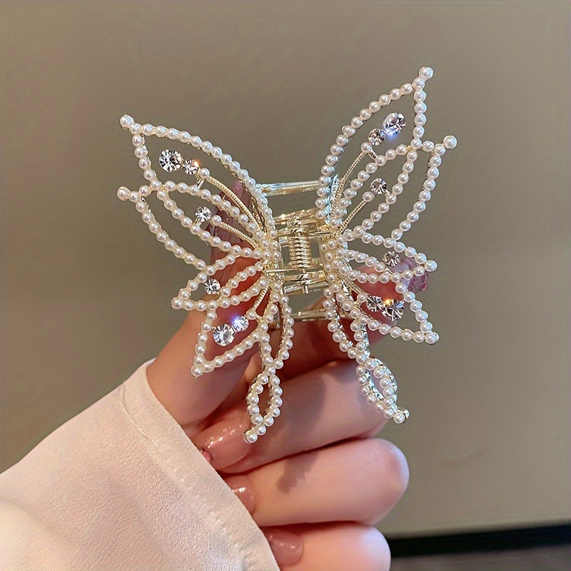 [Elegant Hair Clip] Elegant Hair Clip with a Butterfly Grip, Adorned with Pearls And Rhinestones, Perfect for a Sophisticated Look